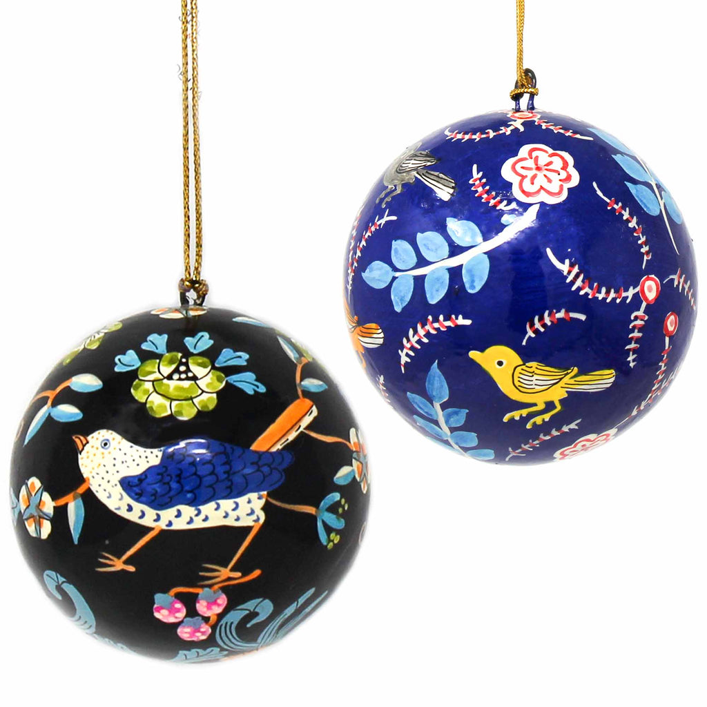 Handpainted Birds | Set of 2  | Hand-painted Ball Papermache Ornament - Welljourn