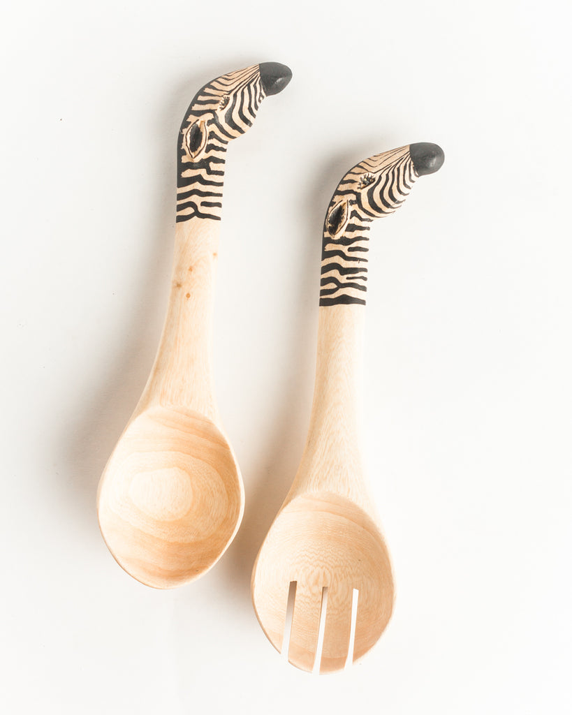 Handcarved Zebra Handle Salad Serving Spoons - Welljourn