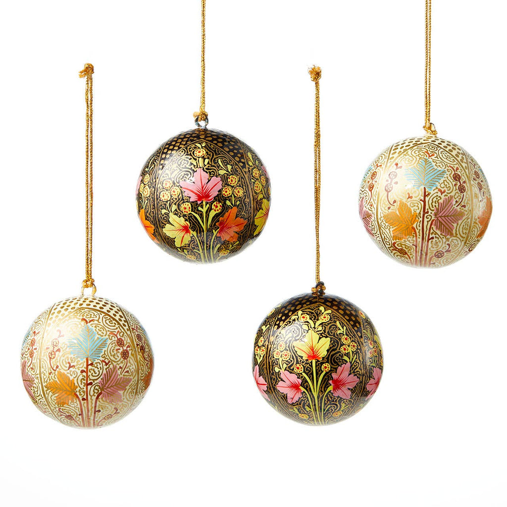 Set of 4 - Golden Floral Garden Paper Mache Painted Ornaments - Welljourn