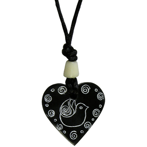Bird Black Coal Heart Engraved Pendant - Welljourn