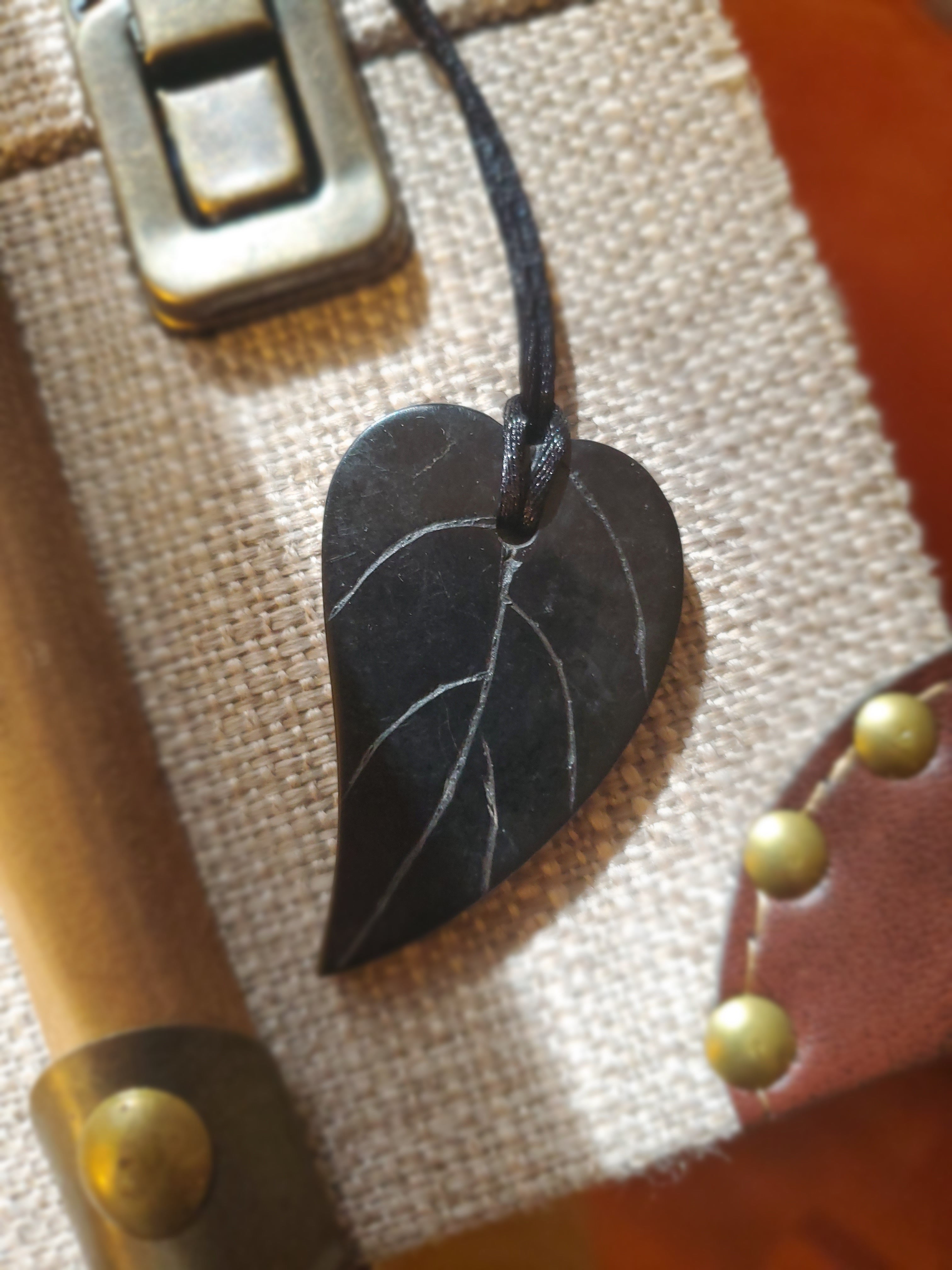 Fair Trade Living Wages Men's Leaf Design Coal Engraved Pendant Necklace
