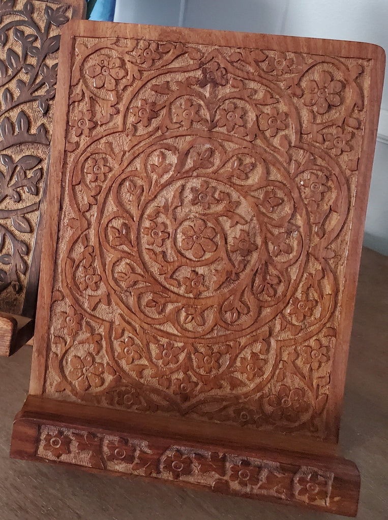 Mandala Flowers - Carved Rosewood Tablet and Book Stand - Welljourn