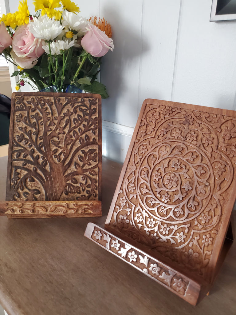 Mandala Flowers - Carved Rosewood Tablet and Book Stand - Welljourn