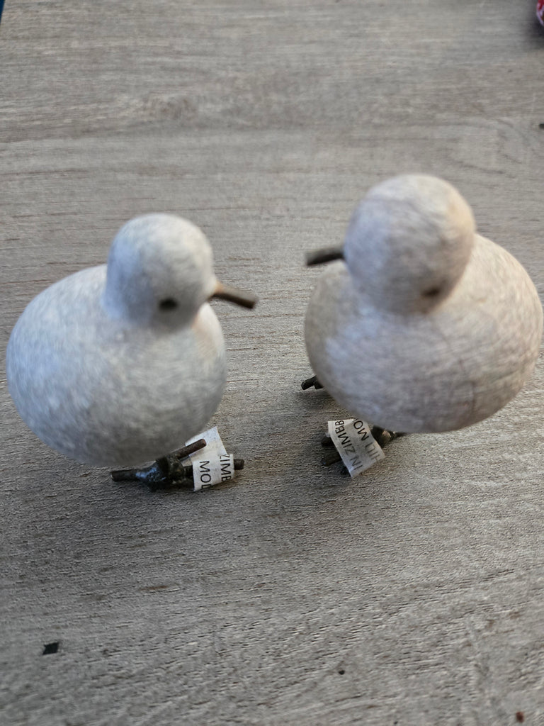 Pair of Tiny Stone and Recycled Metal Chickadee Bird Sculptures - Welljourn