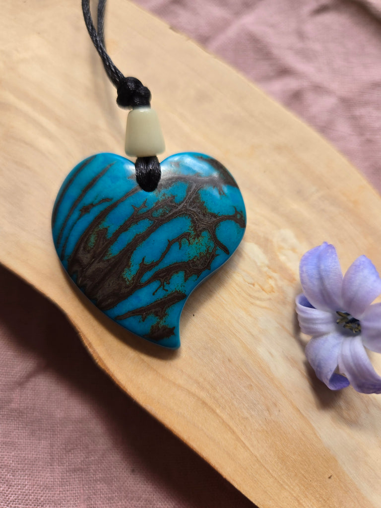 Tagua Nut Teal Blue Heart Pendant - Welljourn