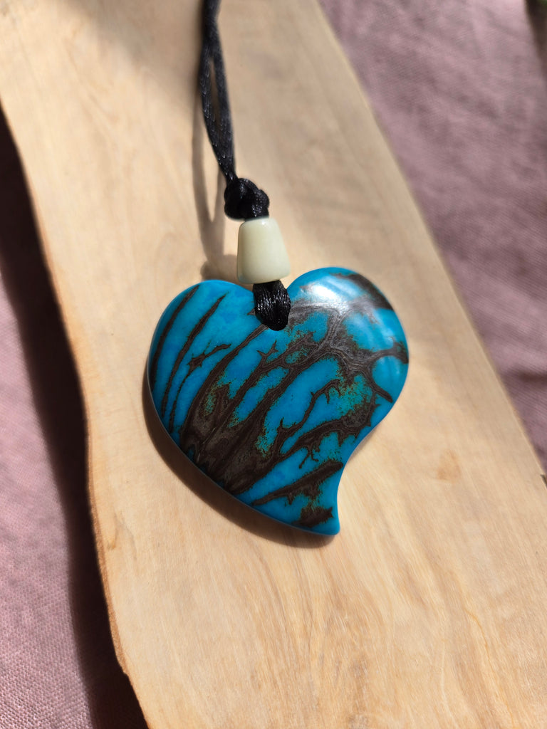 Tagua Nut Teal Blue Heart Pendant - Welljourn