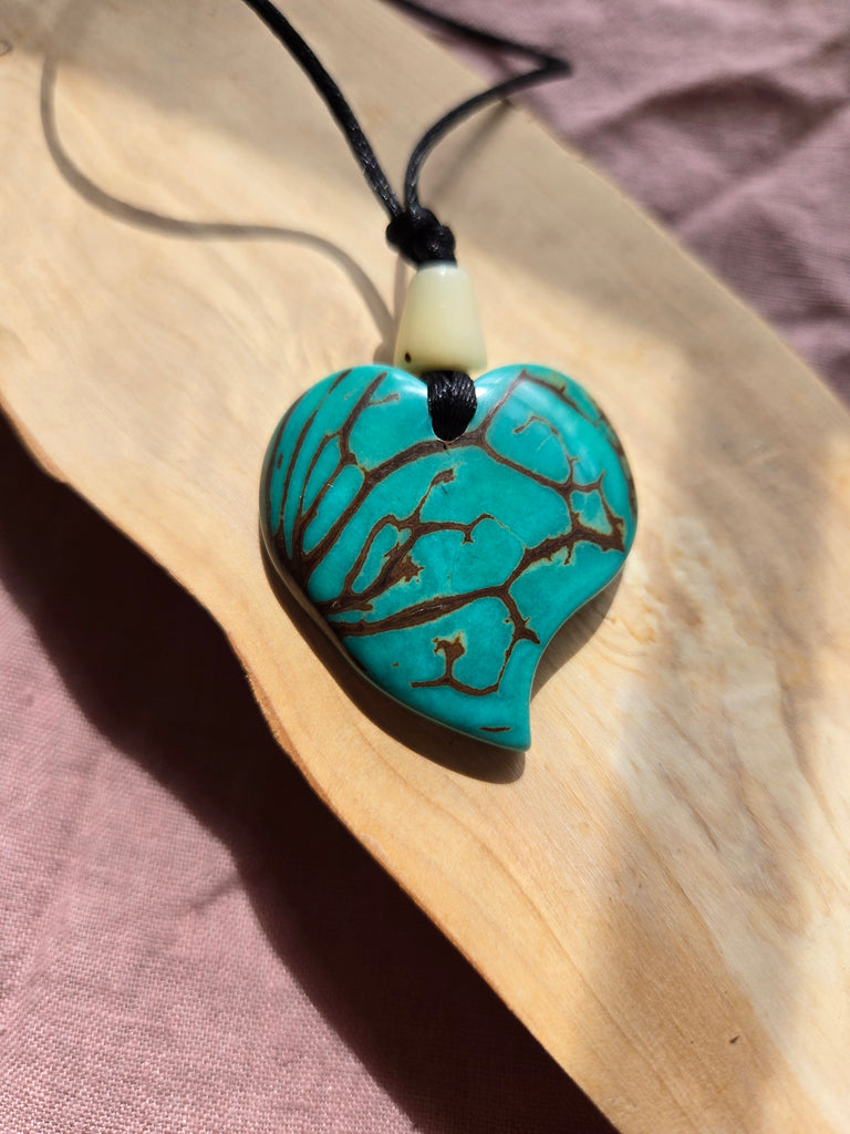 Tagua Nut Teal Green Heart Pendant - Welljourn