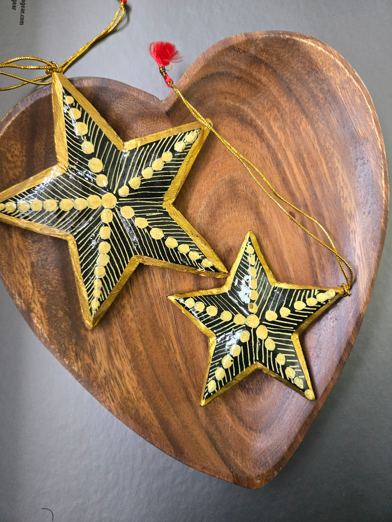 Set of Painted Gold Star Ornaments - Paper Mache - Welljourn