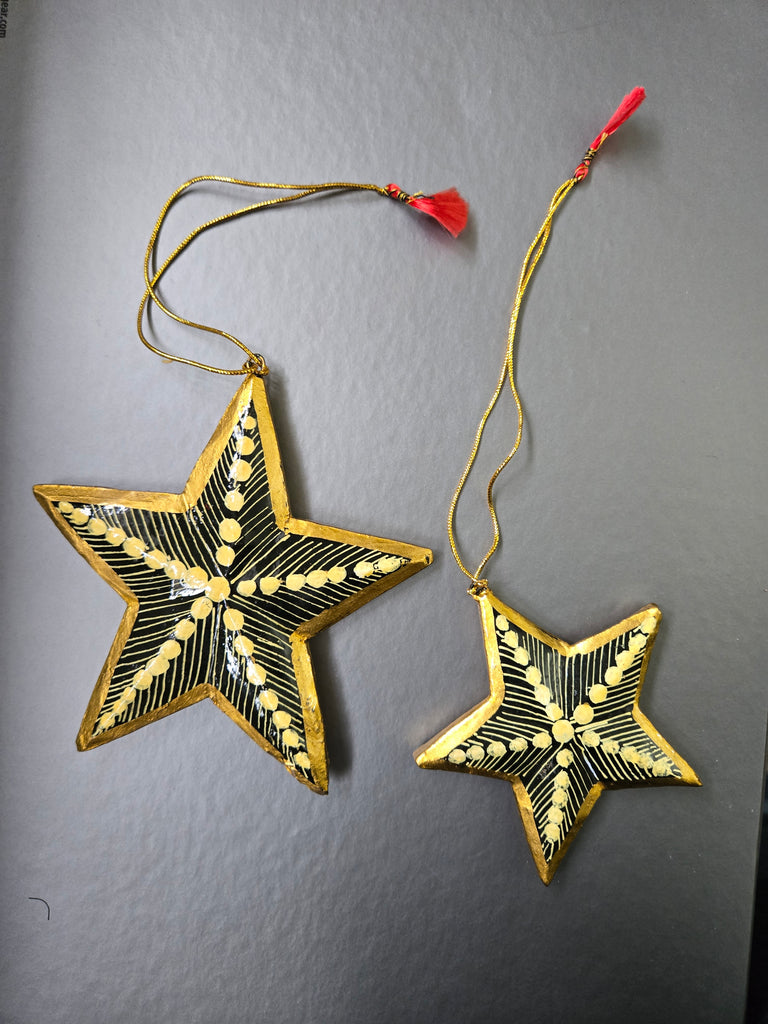 Set of Painted Gold Star Ornaments - Paper Mache - Welljourn