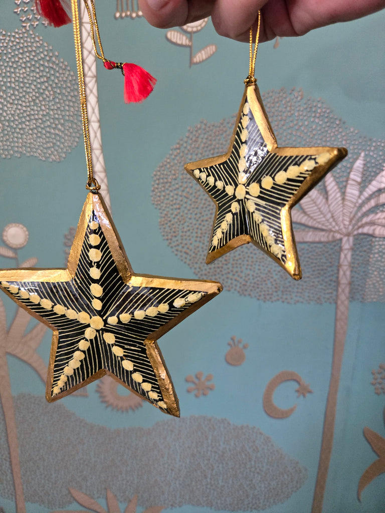 Set of Painted Gold Star Ornaments - Paper Mache - Welljourn