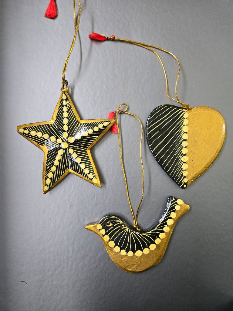 Set of 3 Painted Gold Ornaments - Paper Mache - Welljourn