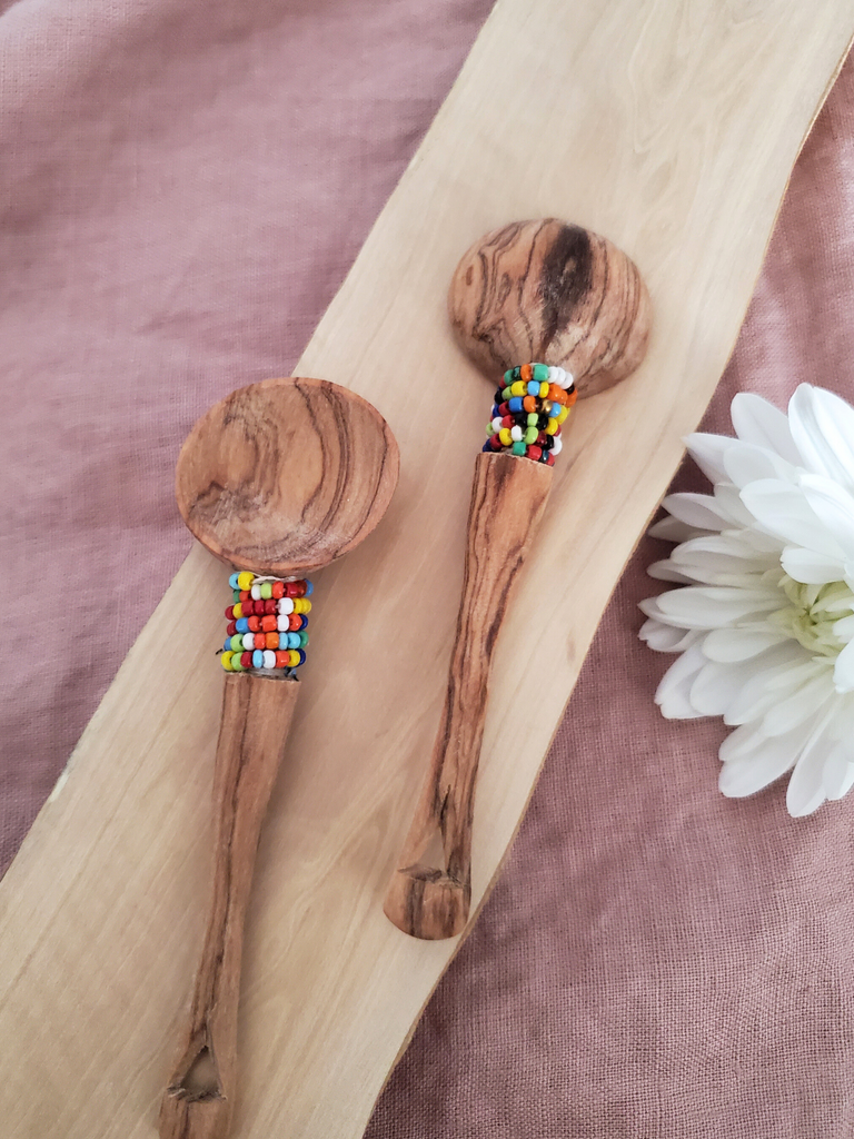 Olive Wood Beaded Handle Mini Spoons | Set of 2 - Welljourn