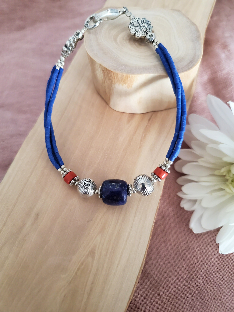 Lapis with Coral Beads Tibetan Bracelet - Welljourn