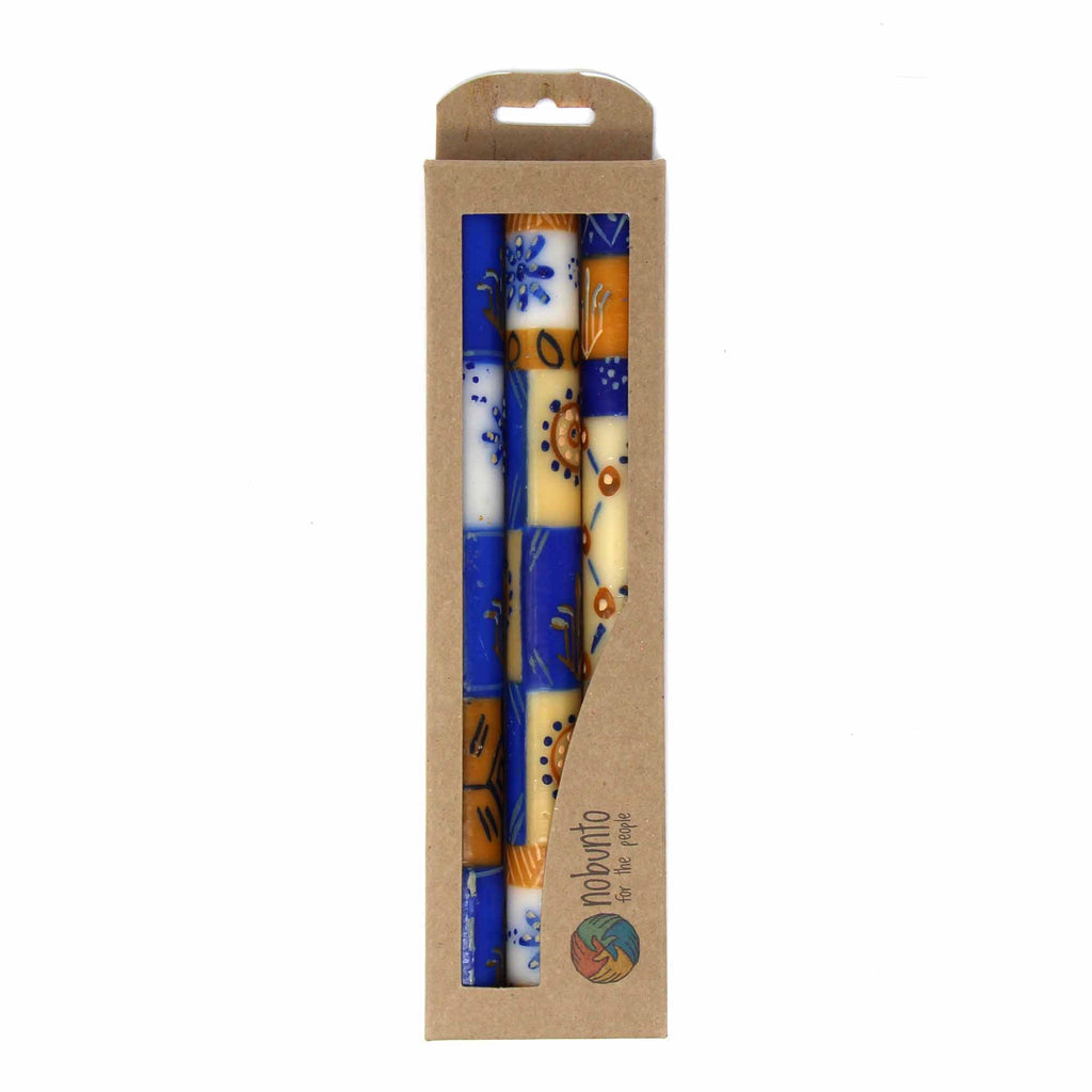 Painted Blue and Brown Taper Candles - Set of 3 - Durra  Design - Welljourn