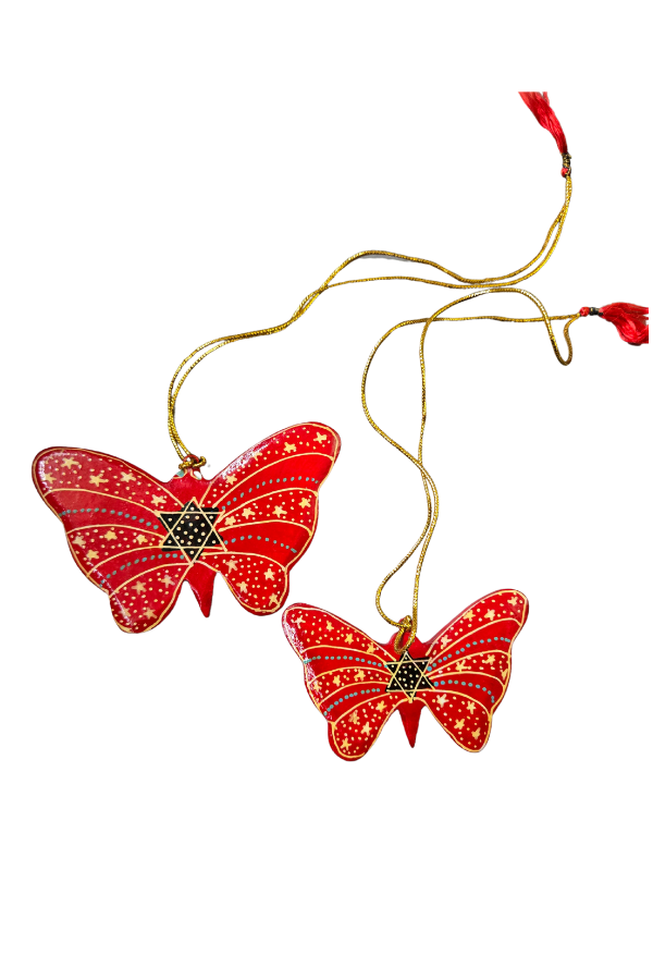 Set of 2 Painted Red Butterfly Ornaments - Paper Mache - Welljourn