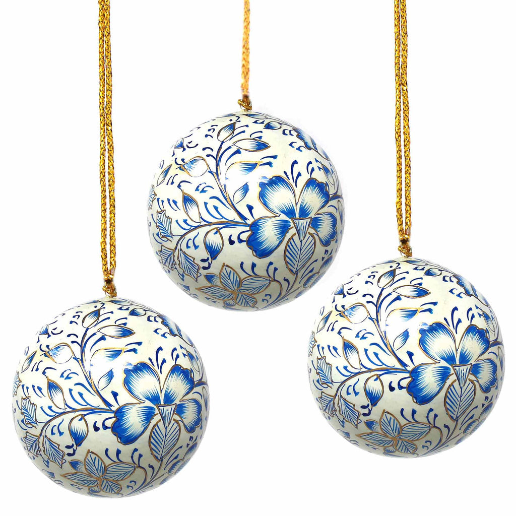 Set of 3 - Blue Floral Painted Paper Mache Ornaments - Welljourn