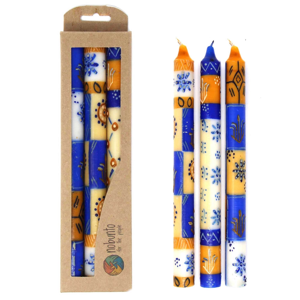 Painted Blue and Brown Taper Candles - Set of 3 - Durra  Design - Welljourn