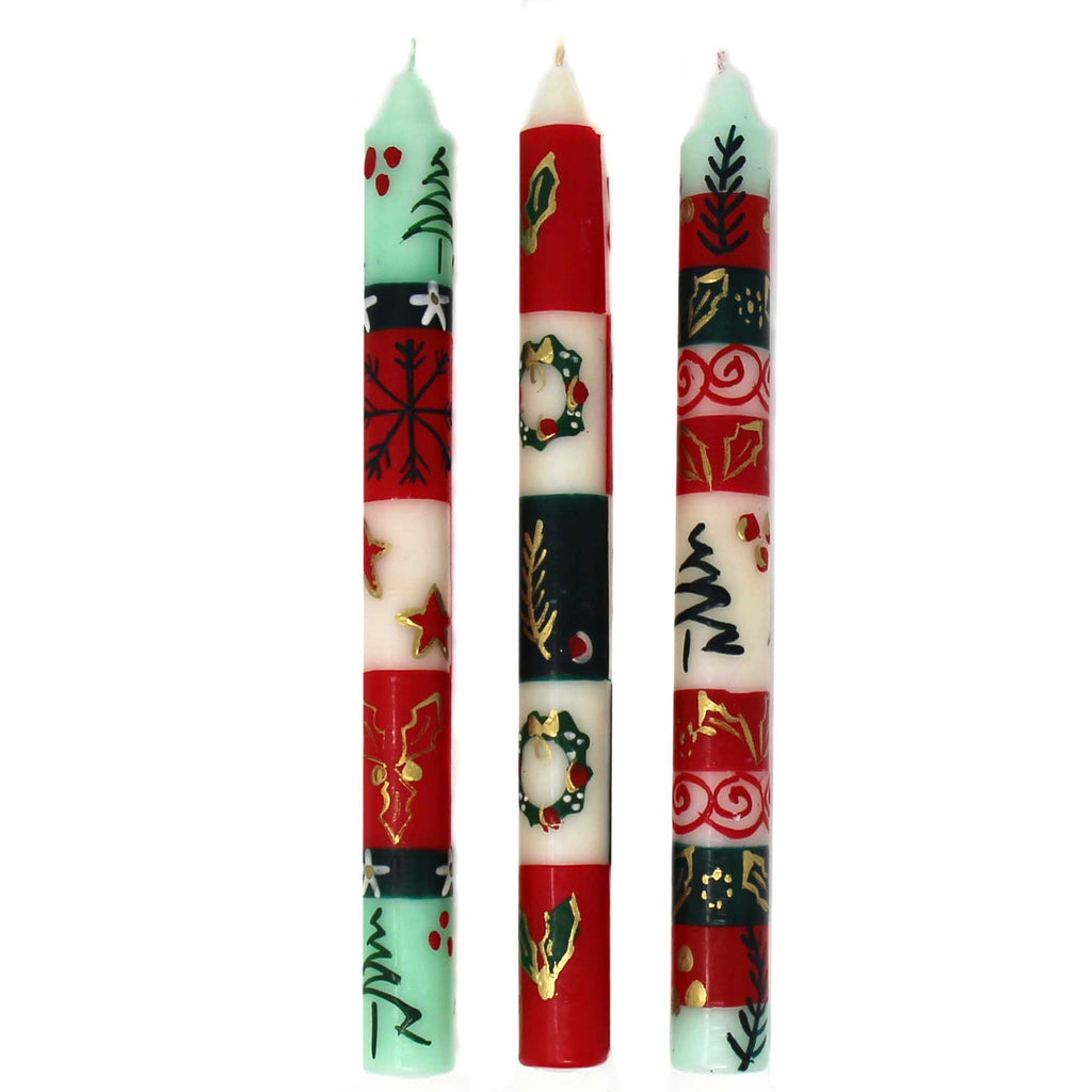 Painted Red & Green Taper Candles - Set of 3 - Ukhisimui Design - Welljourn