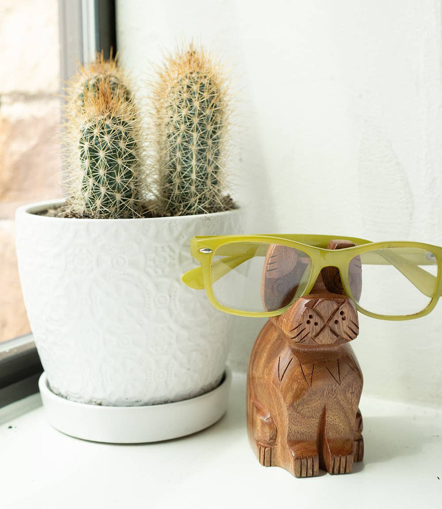 Dog Eyeglass Holder Stand - Hand Carved Wood - Welljourn