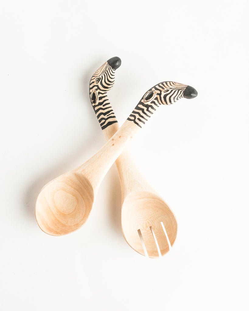 Handcarved Zebra Handle Salad Serving Spoons - Welljourn
