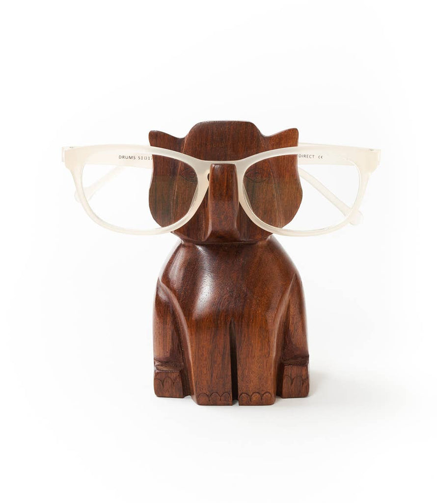Trunk Up Elephant Eyeglass Holder Stand - Hand Carved Wood - Welljourn