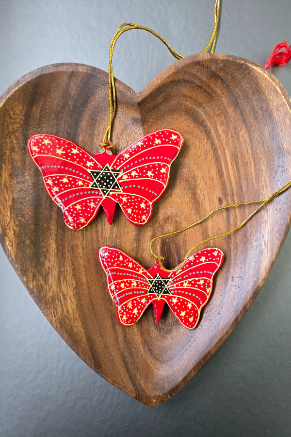 Set of 2 Painted Red Butterfly Ornaments - Paper Mache - Welljourn