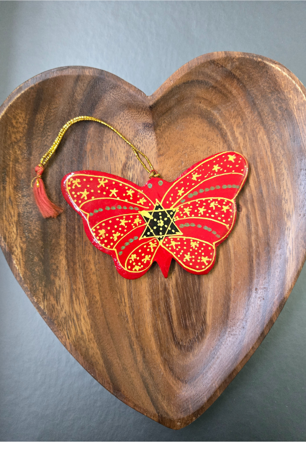 Set of 2 Painted Red Butterfly Ornaments - Paper Mache - Welljourn