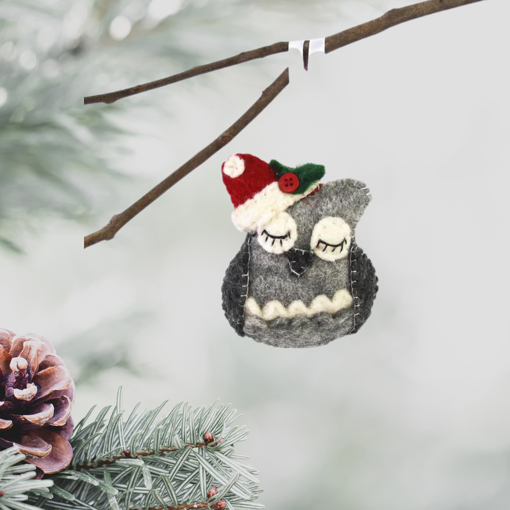 Sleepy Santa Hat Owl Felt Christmas Tree Ornament - Welljourn