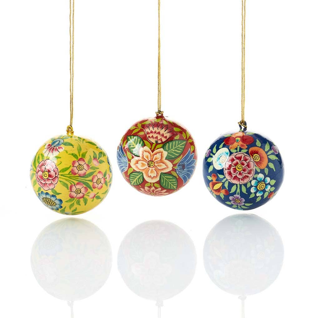 Set of 3- Paper Mache Floral Painted Ball Ornaments - Welljourn