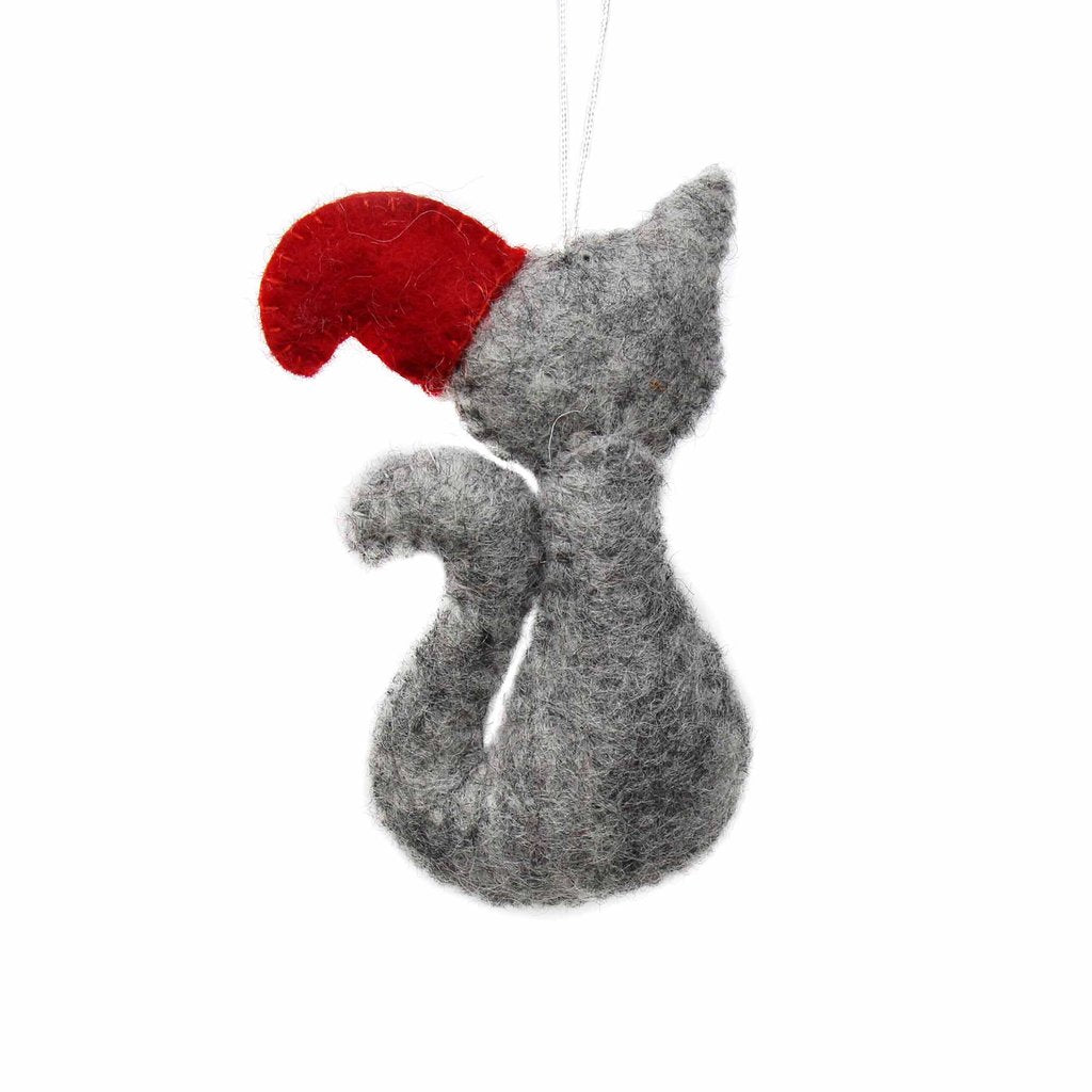 Grey Cat with Santa Hat Felt Christmas Tree Ornament - Welljourn