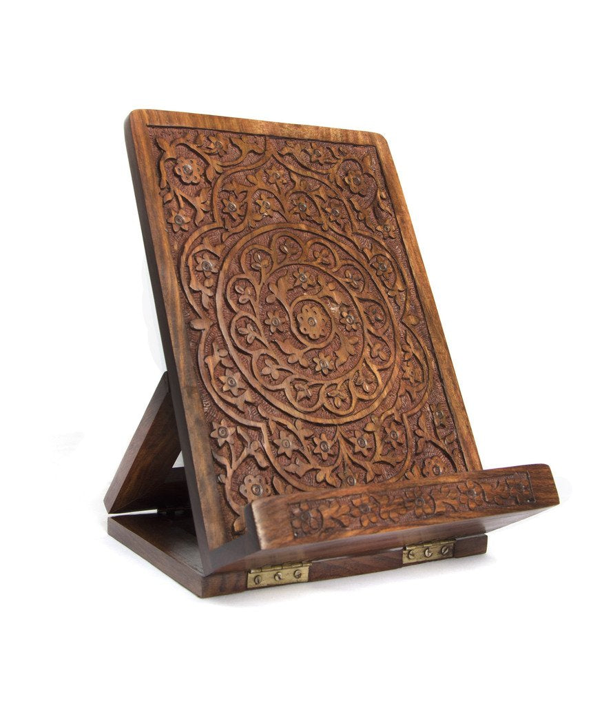 Floral Circle - Carved Rosewood Tablet and Book Stand - Welljourn