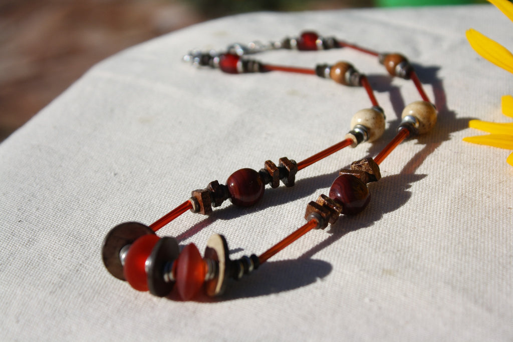 Red Recycled Glass and Coconut Shell Seed Necklace - Welljourn