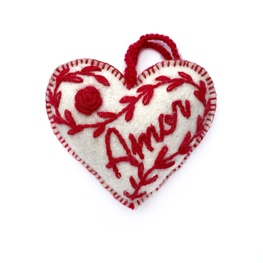 Embroidered Wool Heart Ornaments - Sold Individually - Welljourn