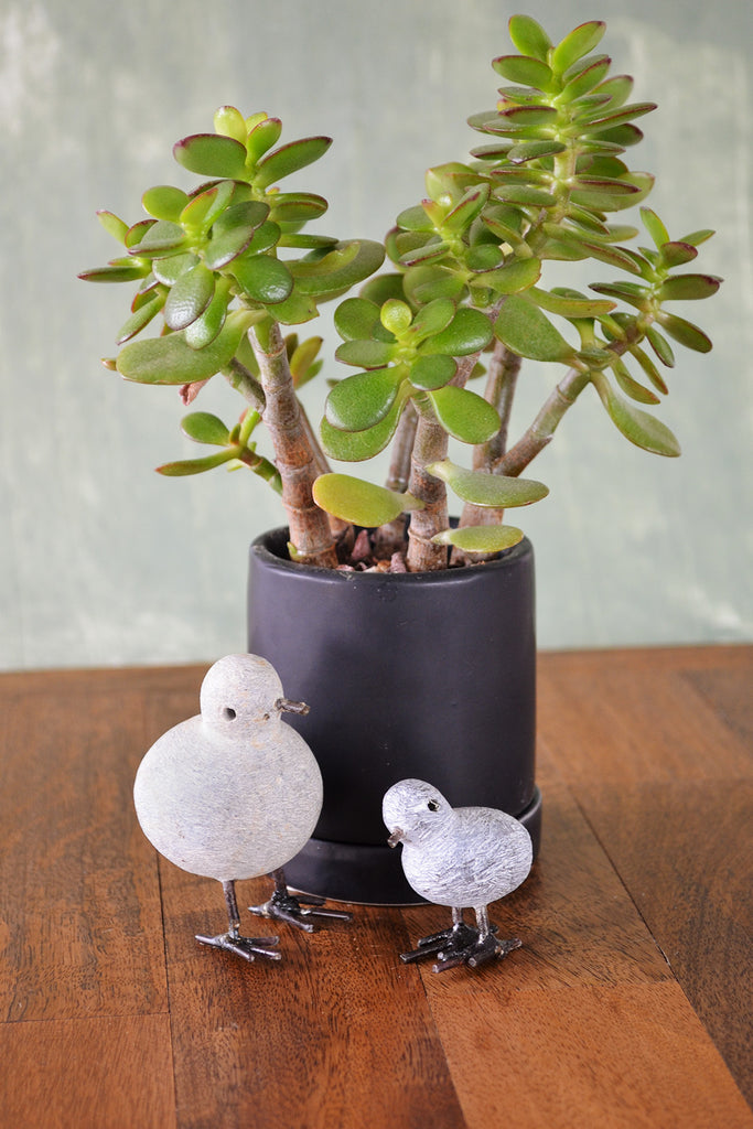 Pair of Tiny Stone and Recycled Metal Chickadee Bird Sculptures - Welljourn