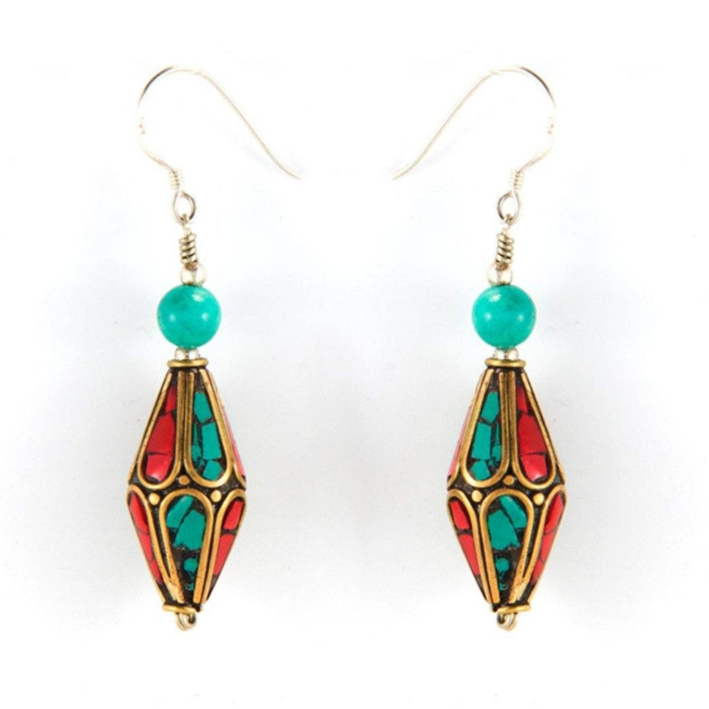Turquoise and Coral Cones Tibetan Earrings - Welljourn