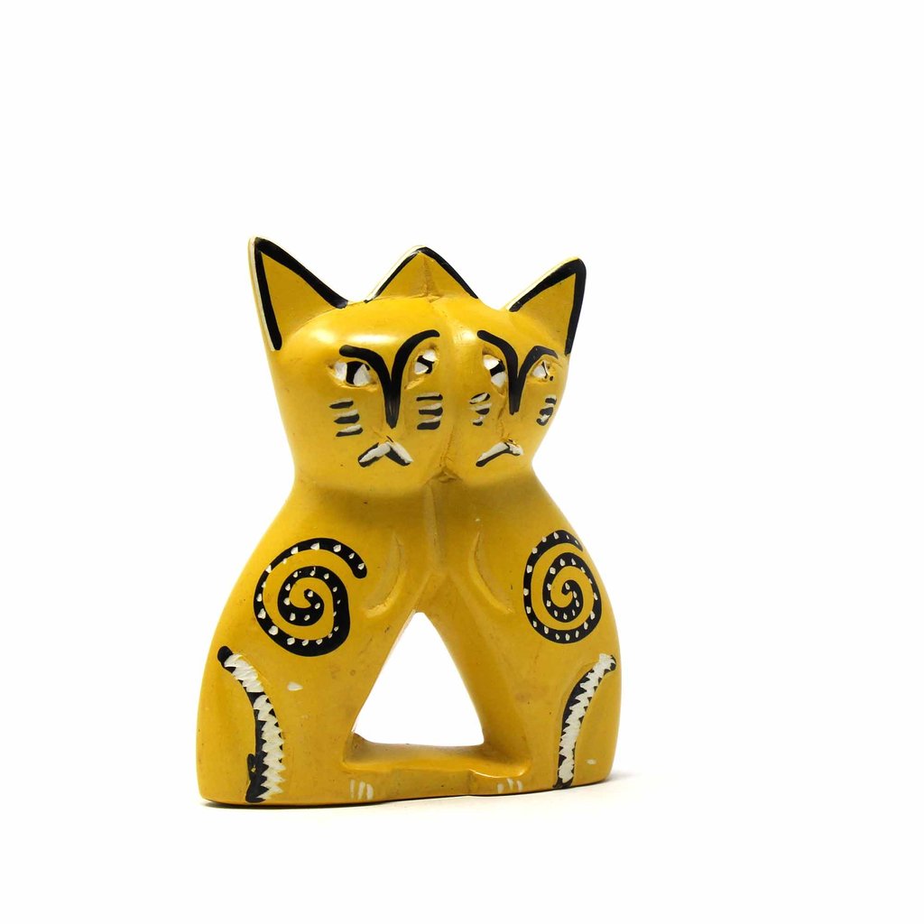 Handcrafted 4-inch Soapstone Love Cats Sculpture in Yellow - Smolart - Welljourn