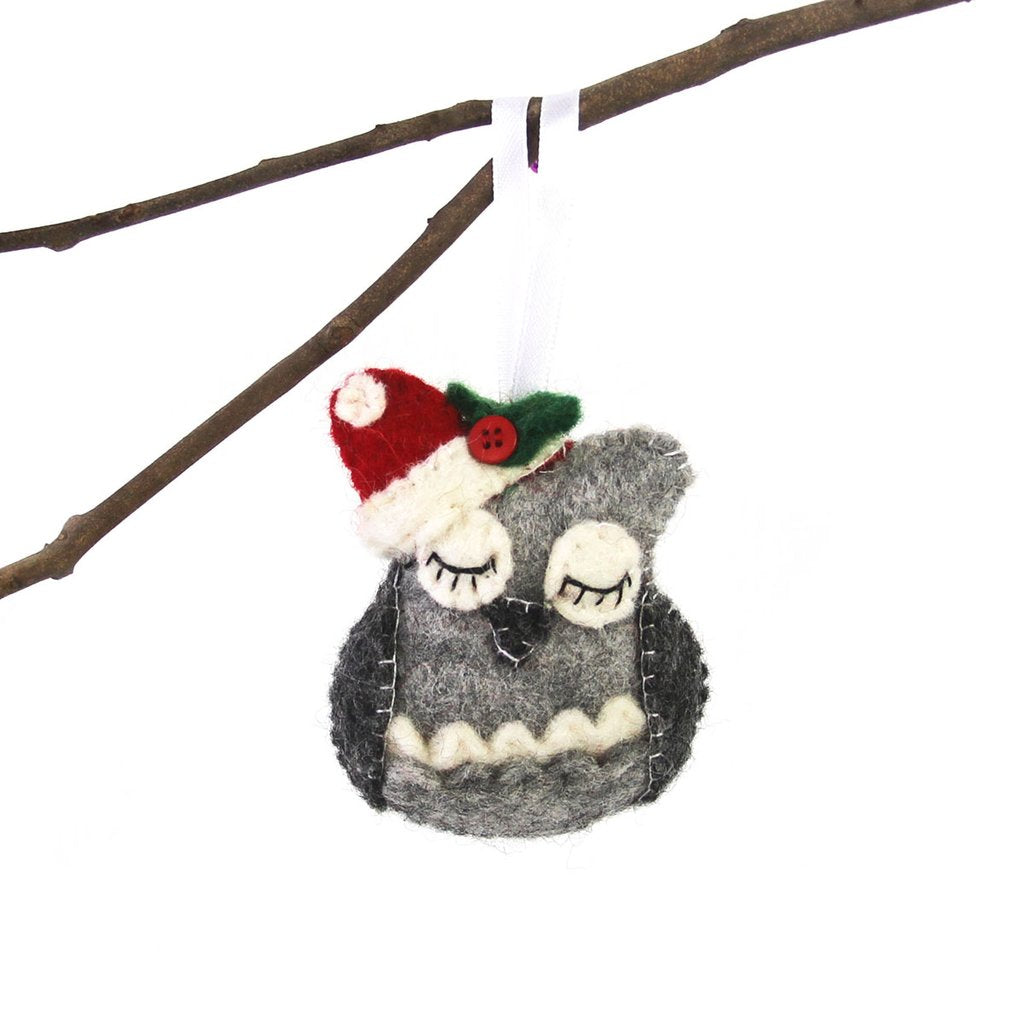 Sleepy Santa Hat Owl Felt Christmas Tree Ornament - Welljourn