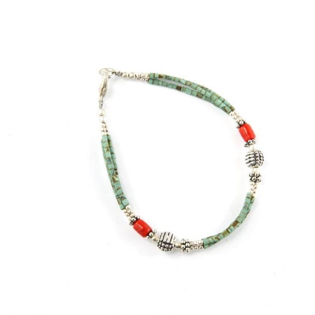 Turquoise & Coral Tibetan Bracelet - Welljourn