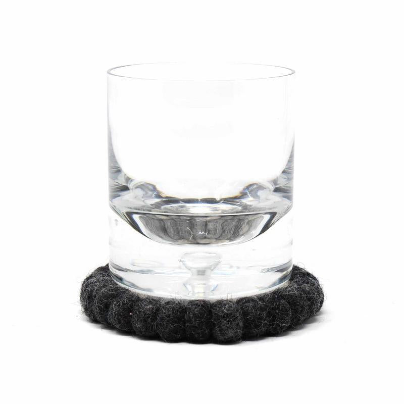4-pack | Flower Black | Hand Crafted Felt Ball Coasters from Nepal - Welljourn