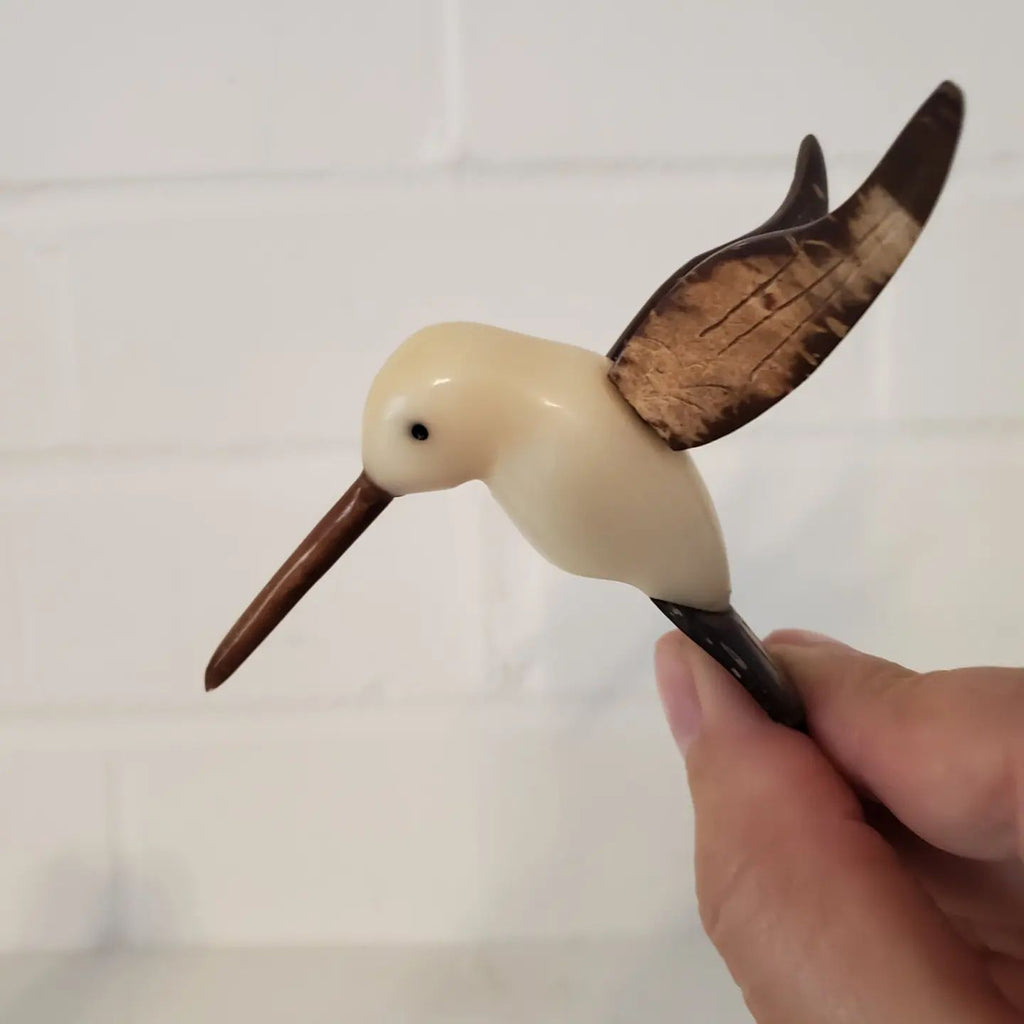 Feeding Hummingbird Tagua Nut Figurine with Flower - Welljourn
