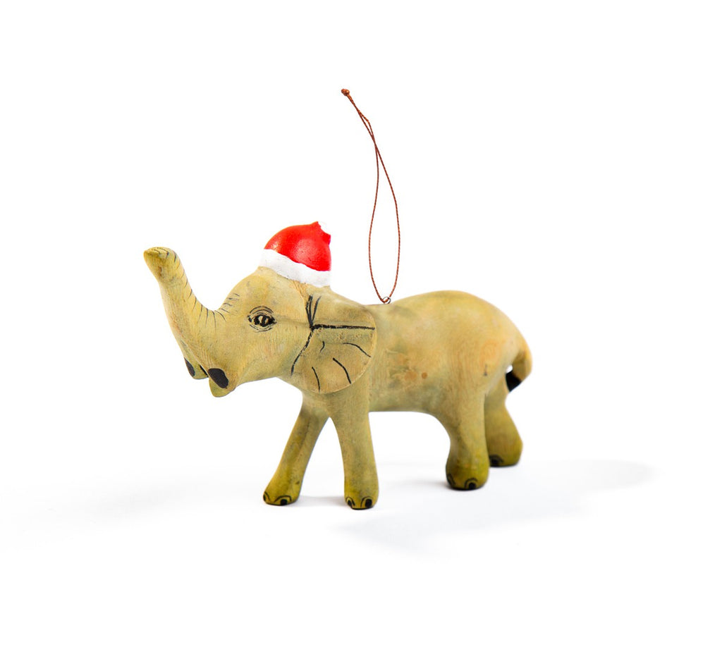 Handcarved Elephant Ornament with Santa Hat - Welljourn