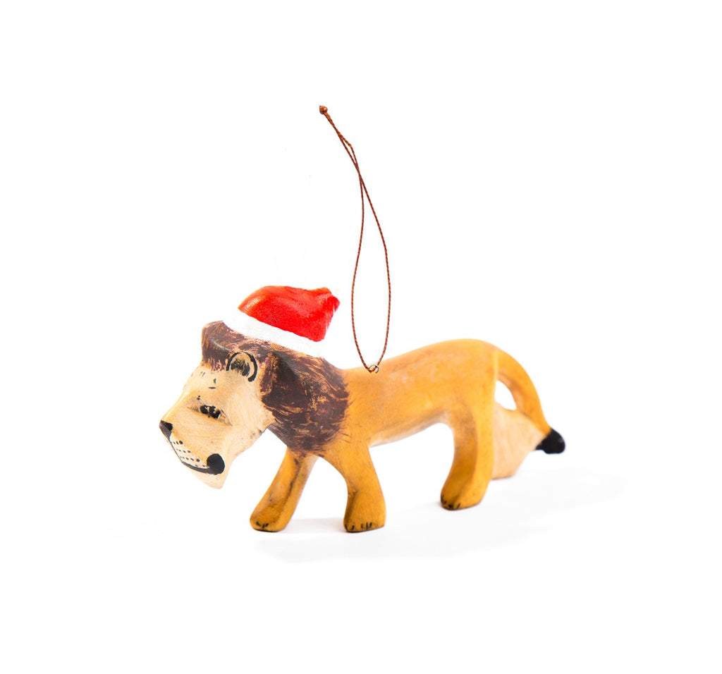 Handcarved Lion Ornament with Santa Hat - Welljourn