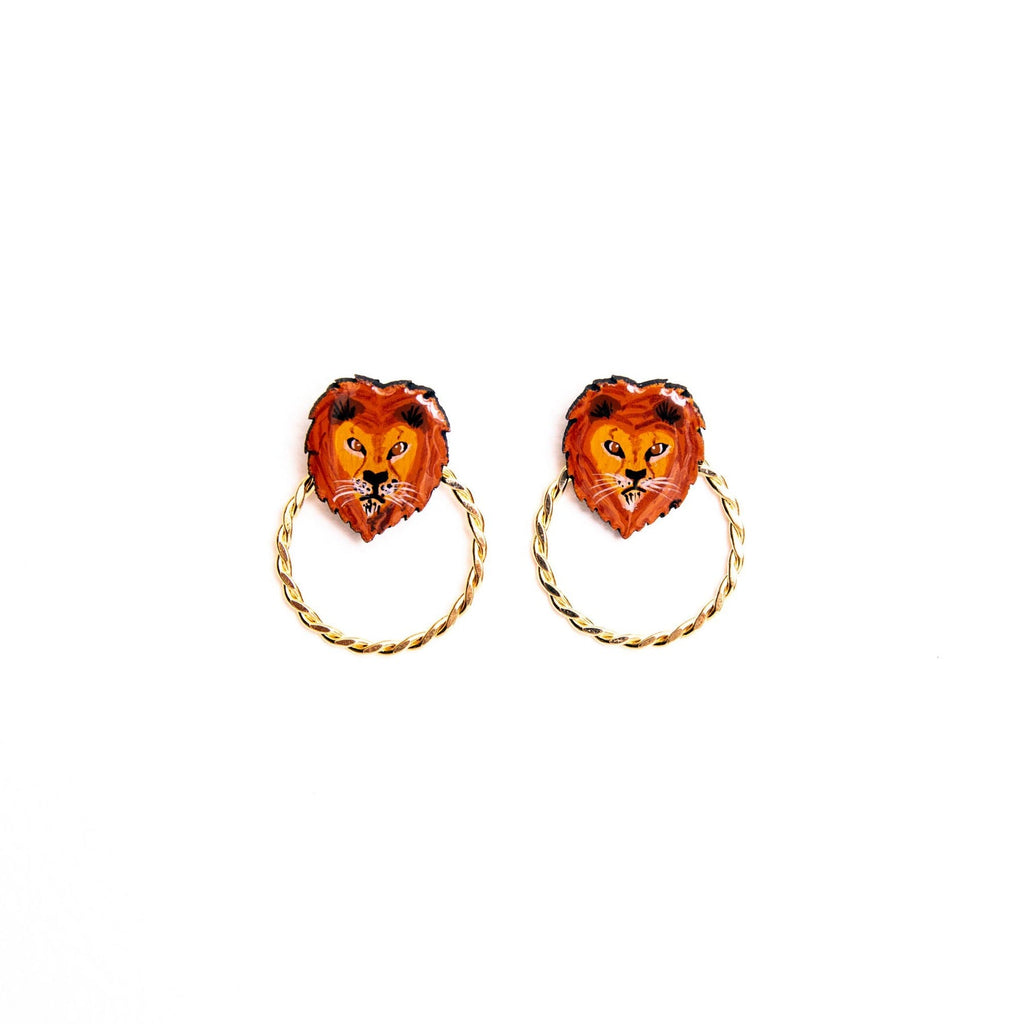 Lion Wood Stud Earrings - Welljourn
