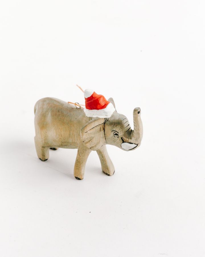 Handcarved Elephant Ornament with Santa Hat - Welljourn