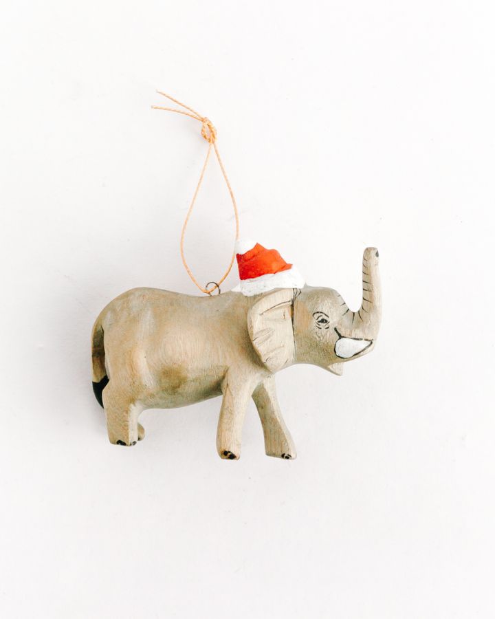 Handcarved Elephant Ornament with Santa Hat - Welljourn