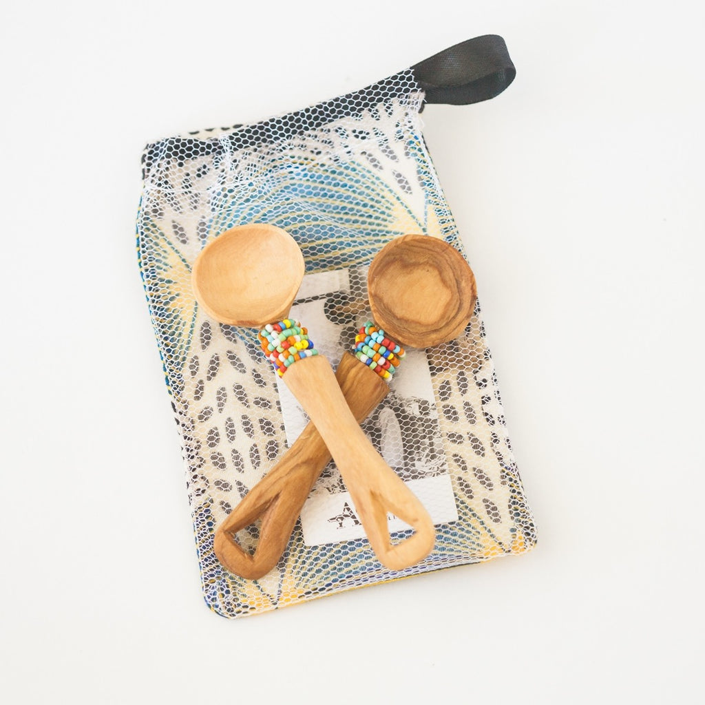 Olive Wood Beaded Handle Mini Spoons | Set of 2 - Welljourn
